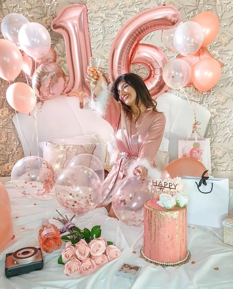 Sweet 16 Party Decorations,16th Birthday Boxes Decor for Girls Women Sweet Sixteen Happy Birthday Banner Kits Pink Rose Gold Foil Balloons