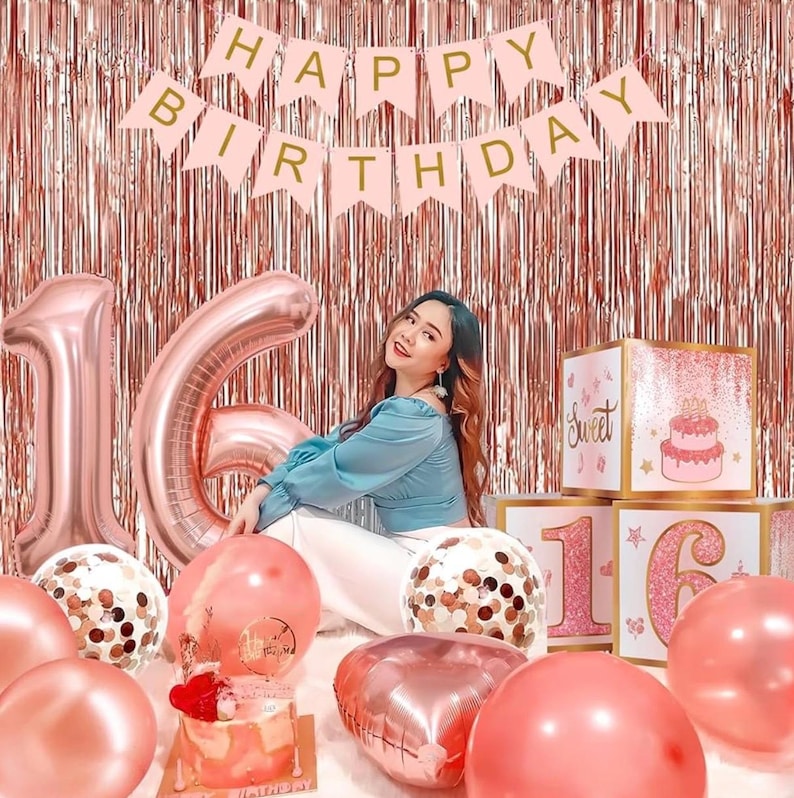 Sweet 16 Party Decorations,16th Birthday Boxes Decor for Girls Women Sweet Sixteen Happy Birthday Banner Kits Pink Rose Gold Foil Balloons