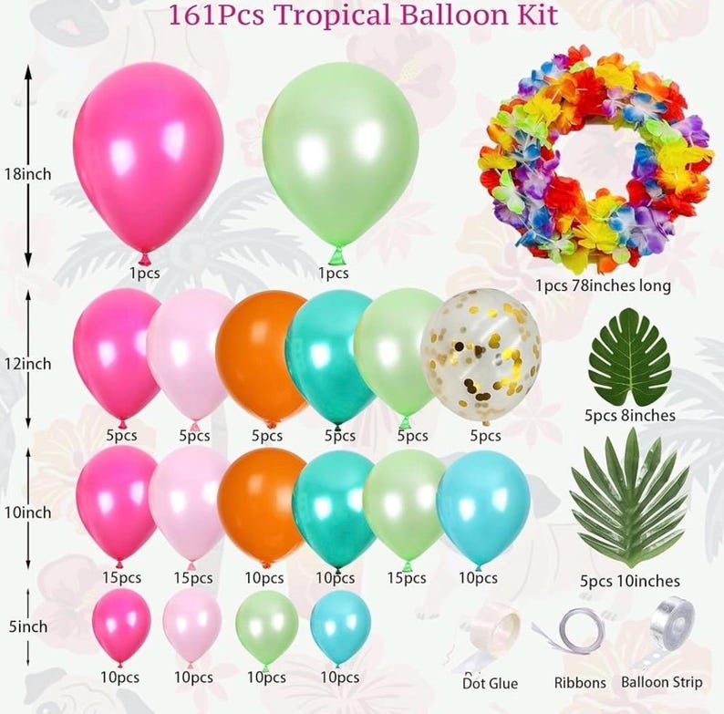 Tropical Balloon Arch Kit 161pcs Hawaiian Theme Rose Gold Confetti Balloon Luau Palm Leaives Flowers For Summer ,Island,Beach,Flamingo Party