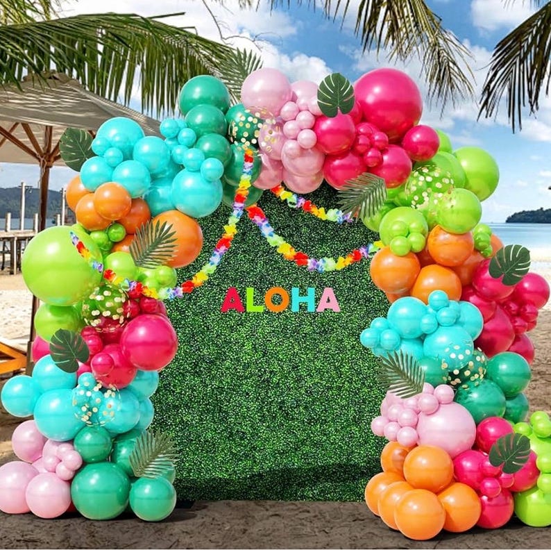 Tropical Balloon Arch Kit 161pcs Hawaiian Theme Rose Gold Confetti Balloon Luau Palm Leaives Flowers For Summer ,Island,Beach,Flamingo Party