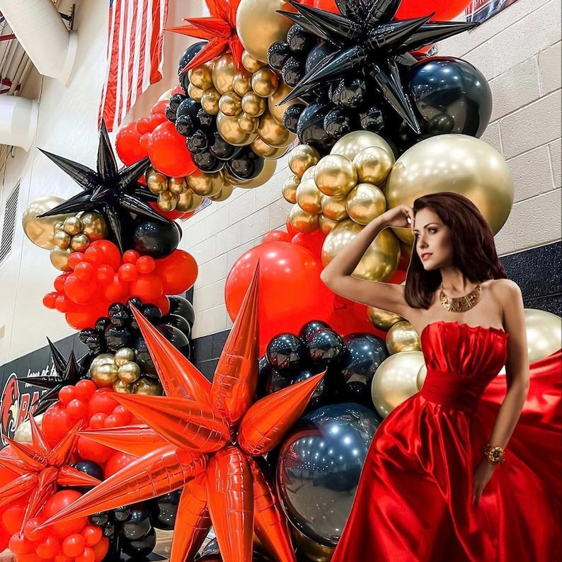 Red Black Gold Balloon Garland Arch Kit with Crown Star Foil Balloons for 2025 graduation Prom Casino Theme Graduation Movie Night Party