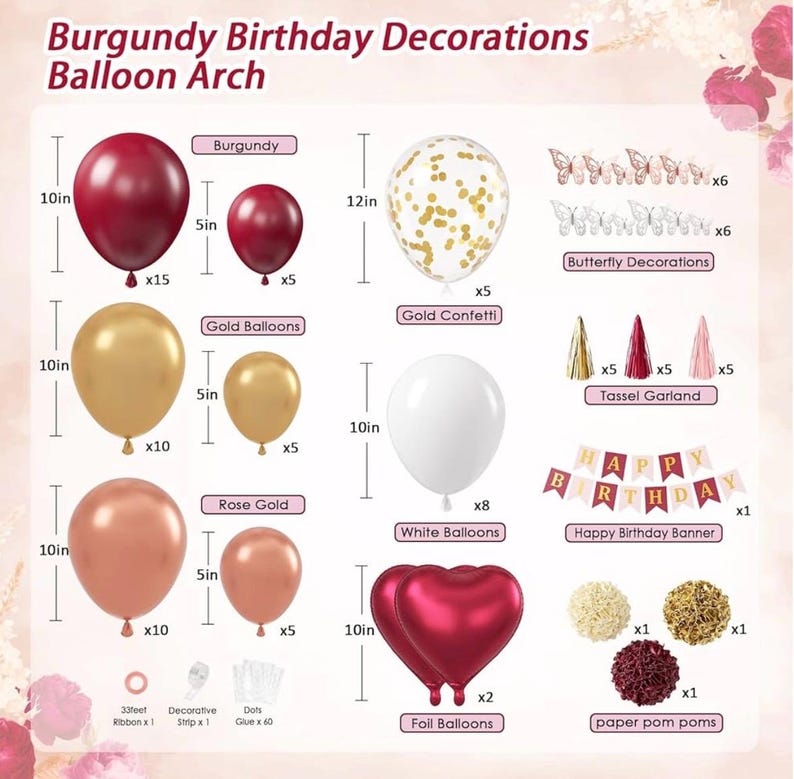 Burgundy Birthday Party Decorations with Happy Birthday Banner Tissue Tassels Paper Pompoms Butterfly Decorations Balloons Happy Birthday
