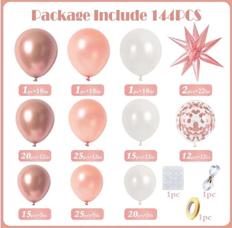Rose Gold Balloons Garland Arch Kit,144pcs Metallic Rose Gold White Balloons Rose Gold Confetti Balloons for Women Birthday Wedding Bridal