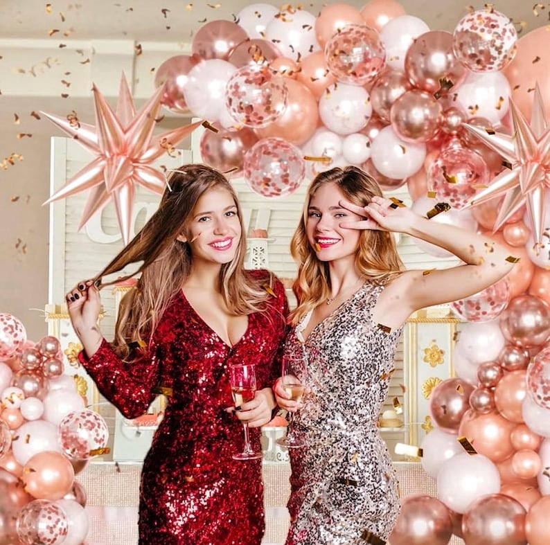 Rose Gold Balloons Garland Arch Kit,144pcs Metallic Rose Gold White Balloons Rose Gold Confetti Balloons for Women Birthday Wedding Bridal