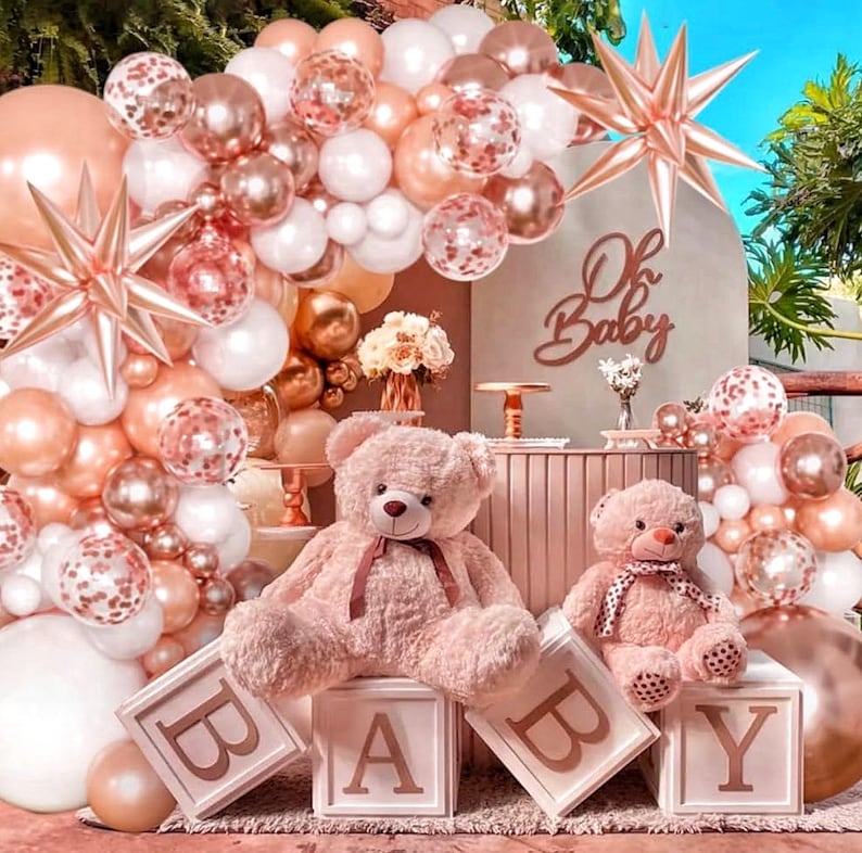 Rose Gold Balloons Garland Arch Kit,144pcs Metallic Rose Gold White Balloons Rose Gold Confetti Balloons for Women Birthday Wedding Bridal