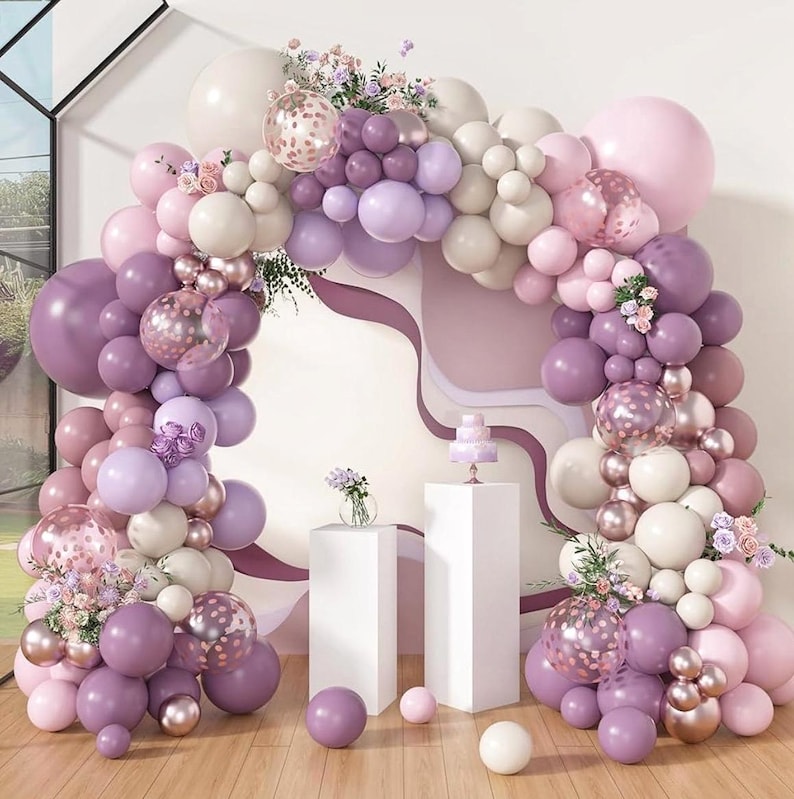 173Pcs Dusty Purple Balloon Arch Garland Kit, Double-stuffed Pink White Sand Lavender Lilac Light Purple Rose Gold Confetti Balloons