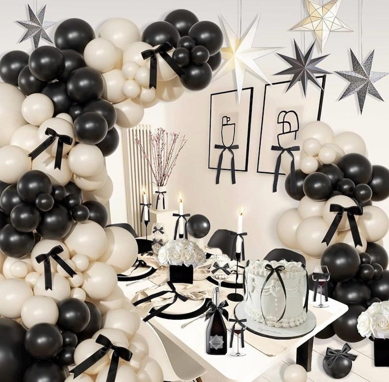 Black and White Balloon Arch Kit 158 Pcs Coquette Birthday Decorations Include Black White Balloon and Black Bow for Wedding Birthday