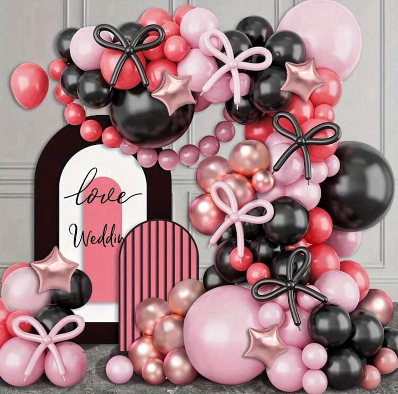Pink and Black Balloon Arch Kit, 114Pcs  Retro Dirty Pink Maca Pink Black Balloon Garland Different Sizes for Girls  Women Birthday Party