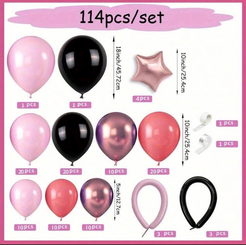 Pink and Black Balloon Arch Kit, 114Pcs  Retro Dirty Pink Maca Pink Black Balloon Garland Different Sizes for Girls  Women Birthday Party
