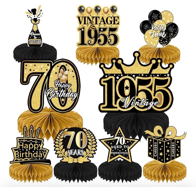 70th Birthday Decorations Men, Happy 1955 Vintage 70 Years Old Honeycomb Centerpieces Party Decor for Women, 9pcs Cheer Black Gold Table