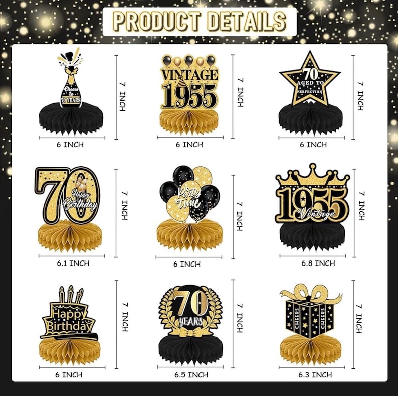 70th Birthday Decorations Men, Happy 1955 Vintage 70 Years Old Honeycomb Centerpieces Party Decor for Women, 9pcs Cheer Black Gold Table