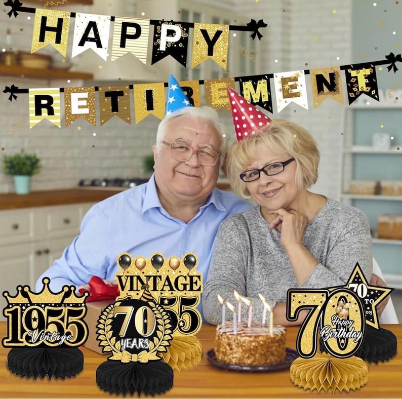70th Birthday Decorations Men, Happy 1955 Vintage 70 Years Old Honeycomb Centerpieces Party Decor for Women, 9pcs Cheer Black Gold Table
