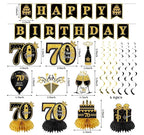 42PCS 70th Birthday Decoration Kit for Men Women, Black Gold Happy 70th Bday Banner Balloons Honeycomb Centerpiece Swirl Paper Pompoms Party
