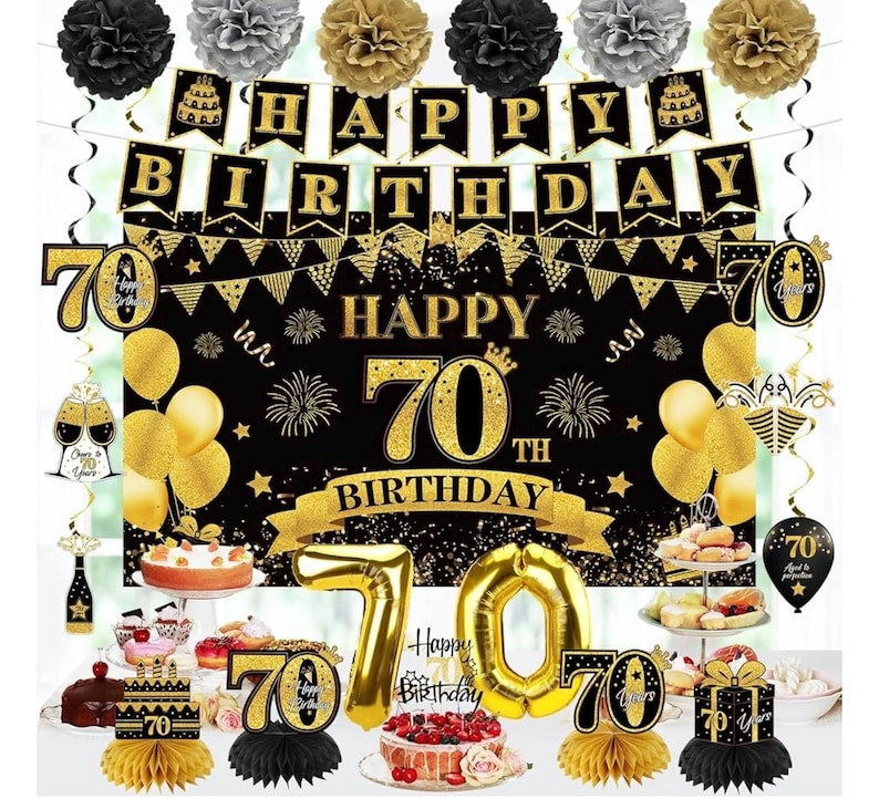 42PCS 70th Birthday Decoration Kit for Men Women, Black Gold Happy 70th Bday Banner Balloons Honeycomb Centerpiece Swirl Paper Pompoms Party