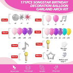 171Pcs Songster Birthday Decoration - Pink and Purple Balloon Arch Kit Hollow Star, Microphone, Disco Mylar Balloon Garland Kit for Music