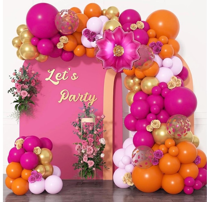 175Pcs Hot Pink and Orange Balloons Arch Garland Kit, Pink and Orange Party Decorations with Gold Balloons Foil Flowers for Women Wedding