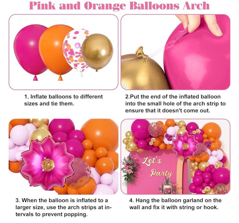 175Pcs Hot Pink and Orange Balloons Arch Garland Kit, Pink and Orange Party Decorations with Gold Balloons Foil Flowers for Women Wedding