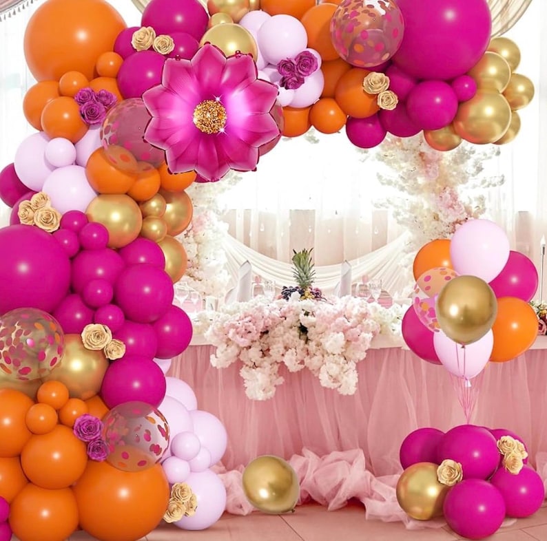175Pcs Hot Pink and Orange Balloons Arch Garland Kit, Pink and Orange Party Decorations with Gold Balloons Foil Flowers for Women Wedding