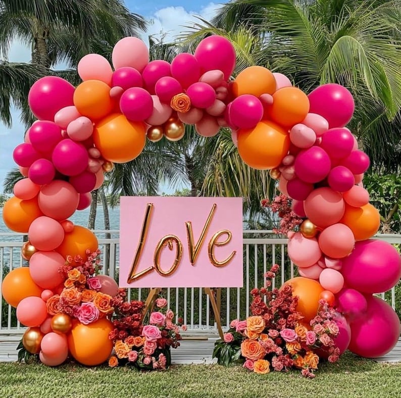 Hot Pink Orange Balloon Garland Matte Orange Pink Gold Metallic Balloons Light Pink Gold Balloon Arch Kit forTropical Luau Wildflower Party
