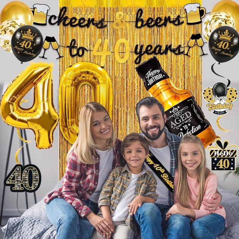40th Birthday Decorations for Men, 40th Birthday Party Decorations for Him with Gold 40 Number Balloons,Cheers to 40 Years Banner for Men