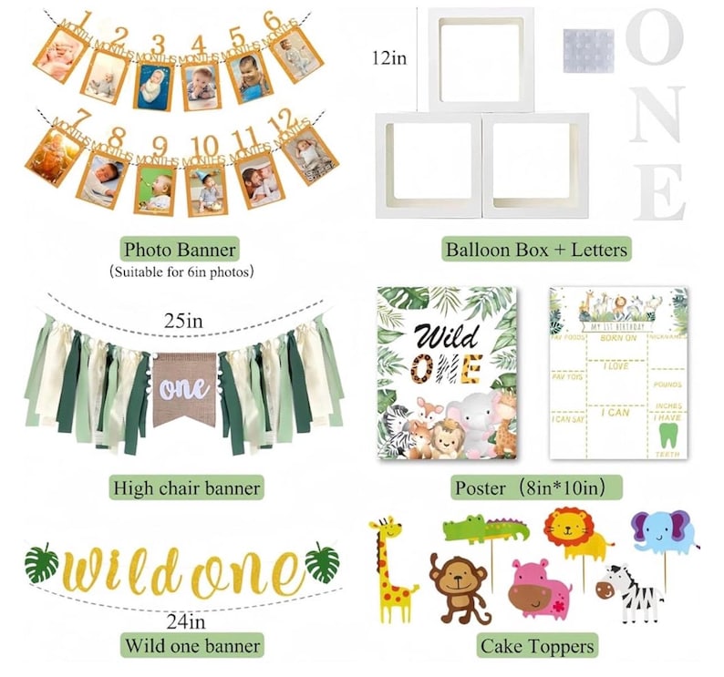 Wild One Birthday Decorations ,1st Birthday Decorations for Boy or Girl ,Photo Banner ,Balloon Box ,Balloons Garland ,High Chair Banner