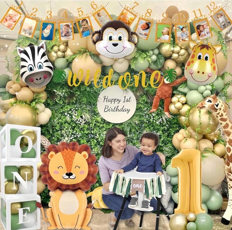 Wild One Birthday Decorations ,1st Birthday Decorations for Boy or Girl ,Photo Banner ,Balloon Box ,Balloons Garland ,High Chair Banner