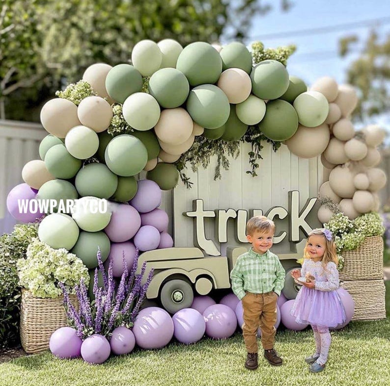Dusty Green Purple Balloon Arch Garland Double Stuffed Pastel Light Lavender Oilve White Sand Balloon Kit for Neutral Baby Shower Birthday