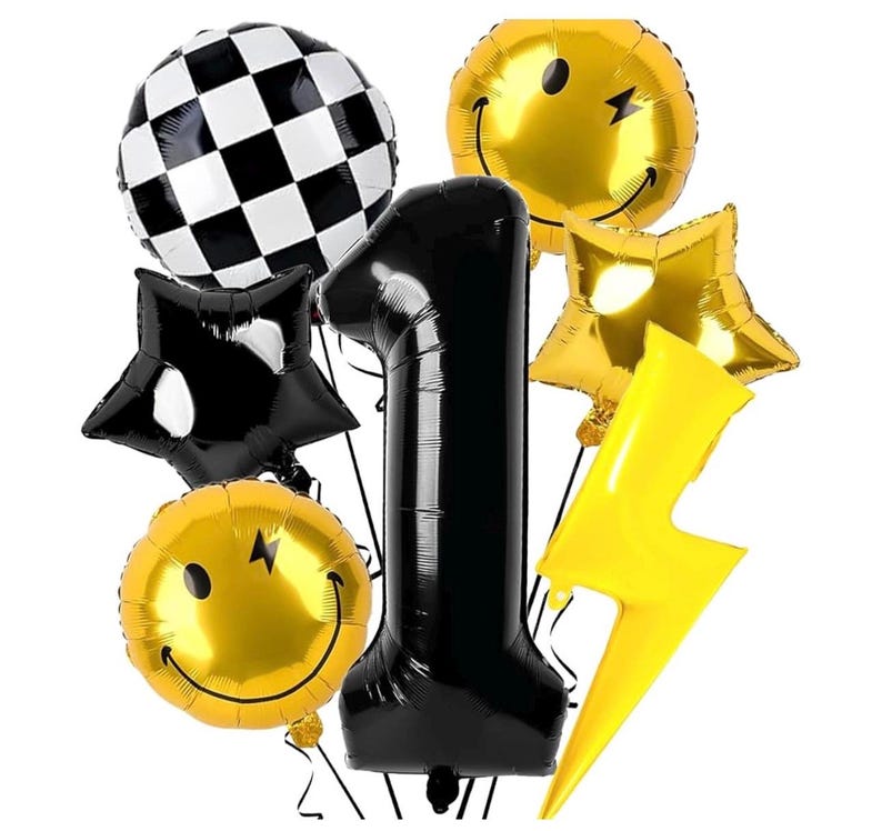 7Pcs One Happy Dude Birthday Decorations,40" Black One Lightning Bolt Eyes Balloon for One Happy Dude Birthday Decor - One Cool Dude Balloon