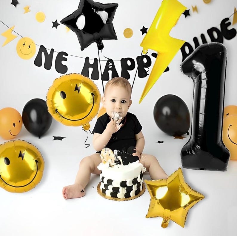 7Pcs One Happy Dude Birthday Decorations,40" Black One Lightning Bolt Eyes Balloon for One Happy Dude Birthday Decor - One Cool Dude Balloon
