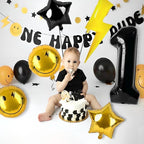 7Pcs One Happy Dude Birthday Decorations,40" Black One Lightning Bolt Eyes Balloon for One Happy Dude Birthday Decor - One Cool Dude Balloon