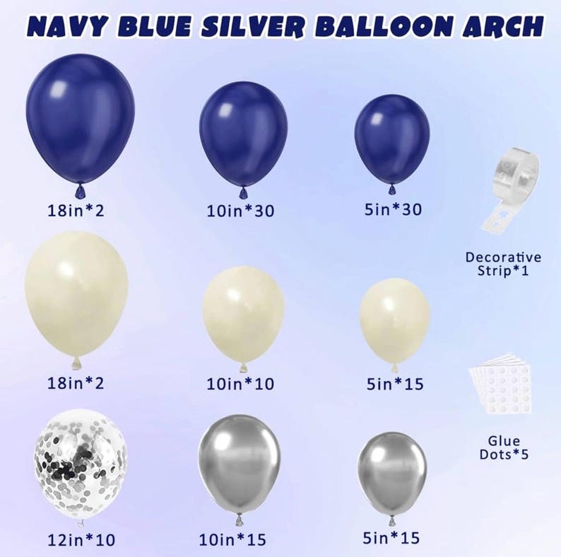 Navy Blue Silver Balloon Arch Kit, Double Stuffed Balloon Garland, Blue White Silver Party Decorations for Birthday Graduation