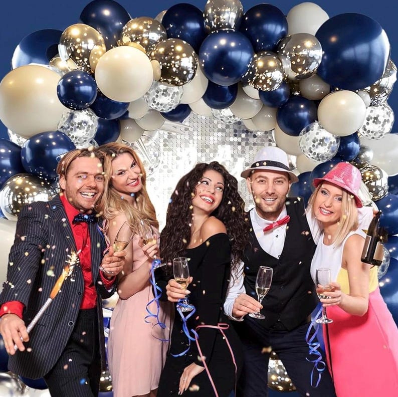 Navy Blue Silver Balloon Arch Kit, Double Stuffed Balloon Garland, Blue White Silver Party Decorations for Birthday Graduation