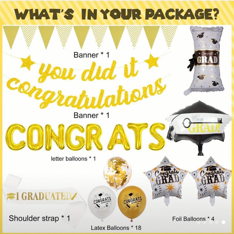 Graduation Party Decorations 2026, Congrats Grad Balloon Banner Set, Gold Black White Graduation Balloons, Class of 2026 Party Decor