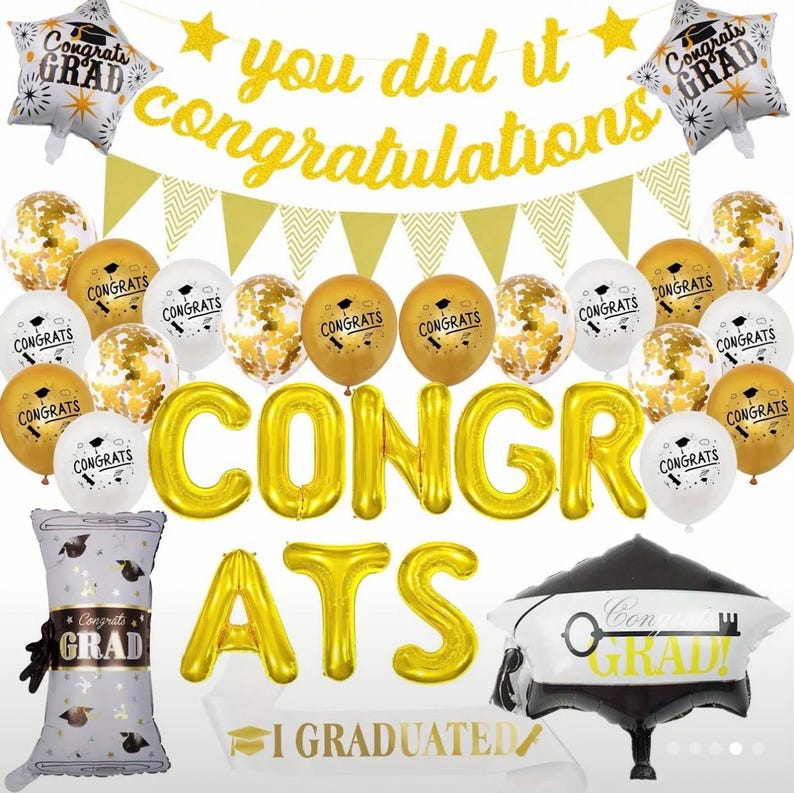 Graduation Party Decorations 2026, Congrats Grad Balloon Banner Set, Gold Black White Graduation Balloons, Class of 2026 Party Decor