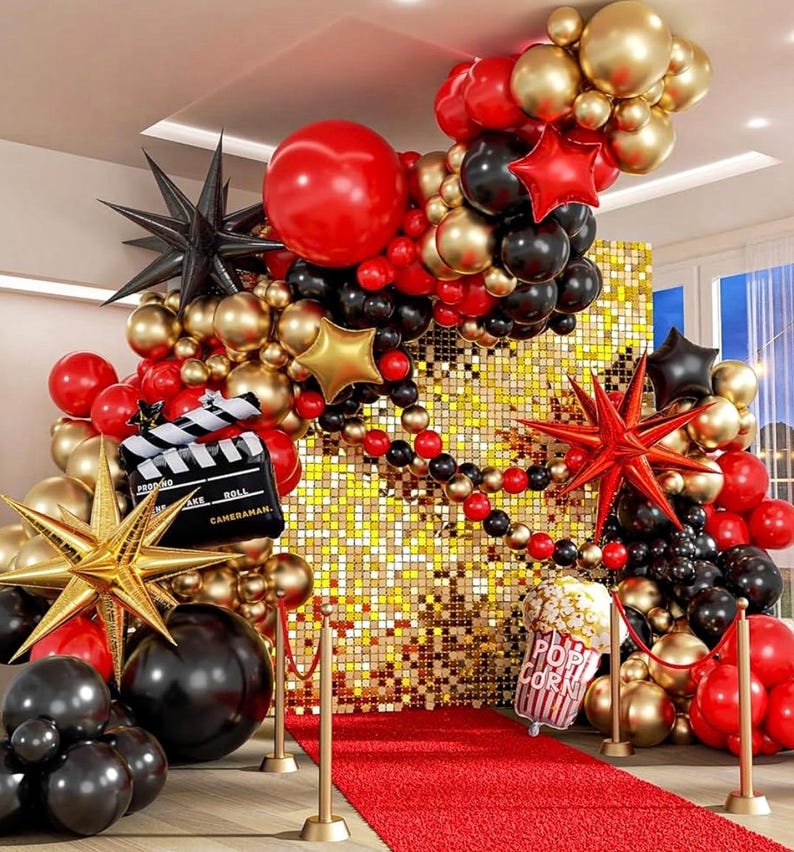 Movie Night Balloon Arch Garland Kit with Red Black and Gold Balloons Movie Foil Balloons for Birthday Movie Night Movie Theater Movie