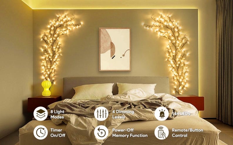 Enchanted Willow Vine Lights with Remote, Christmas Swags Decorations Indoor Room Decor, 18 Branches 144 LEDs Lighted Willow Vine Lights