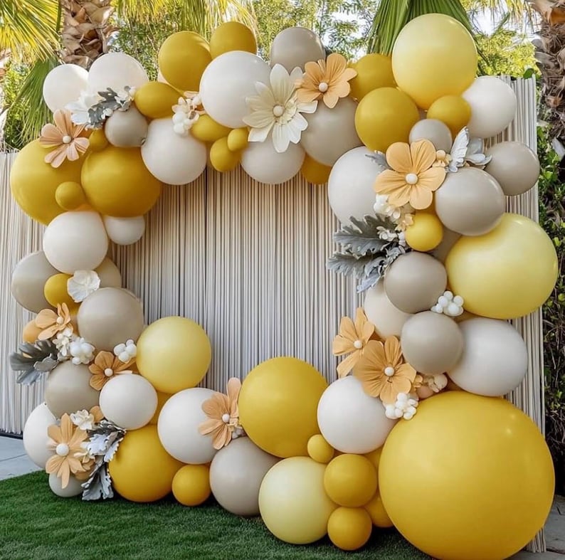 Mustard Yellow Balloon Garland Kit, Double Stuffed Sand White Yellow Pastel Balloon for Birthday, Baby Shower, Gender Reveal, Boho Bee Party
