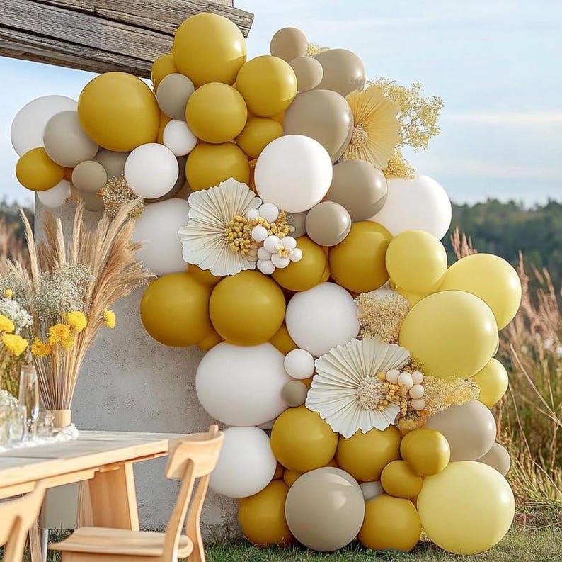 Mustard Yellow Balloon Garland Kit, Double Stuffed Sand White Yellow Pastel Balloon for Birthday, Baby Shower, Gender Reveal, Boho Bee Party
