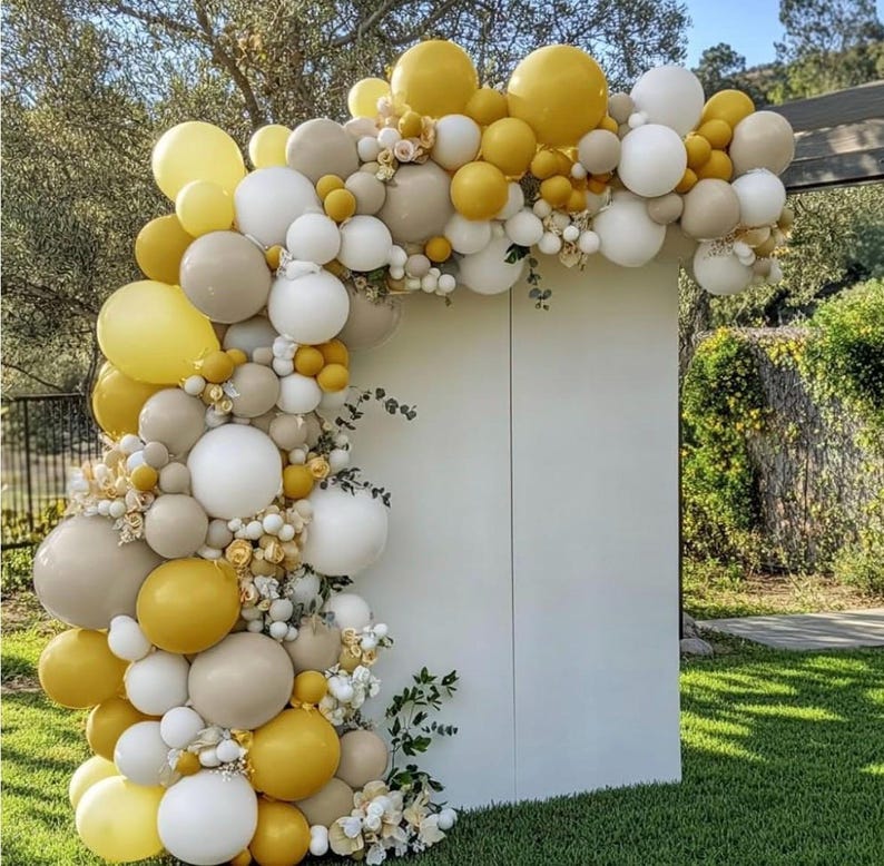 Mustard Yellow Balloon Garland Kit, Double Stuffed Sand White Yellow Pastel Balloon for Birthday, Baby Shower, Gender Reveal, Boho Bee Party