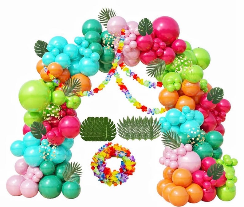 Tropical Balloon Arch Kit 161pcs Hawaiian Theme Rose Gold Confetti Balloon Luau Palm Leaives Flowers For Summer ,Island,Beach,Flamingo Party