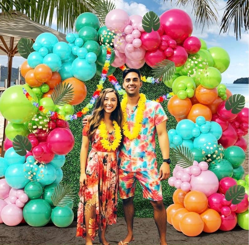 Tropical Balloon Arch Kit 161pcs Hawaiian Theme Rose Gold Confetti Balloon Luau Palm Leaives Flowers For Summer ,Island,Beach,Flamingo Party