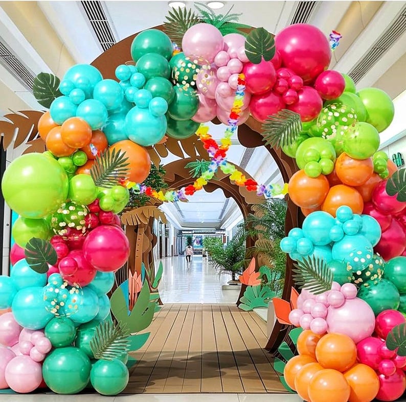 Tropical Balloon Arch Kit 161pcs Hawaiian Theme Rose Gold Confetti Balloon Luau Palm Leaives Flowers For Summer ,Island,Beach,Flamingo Party