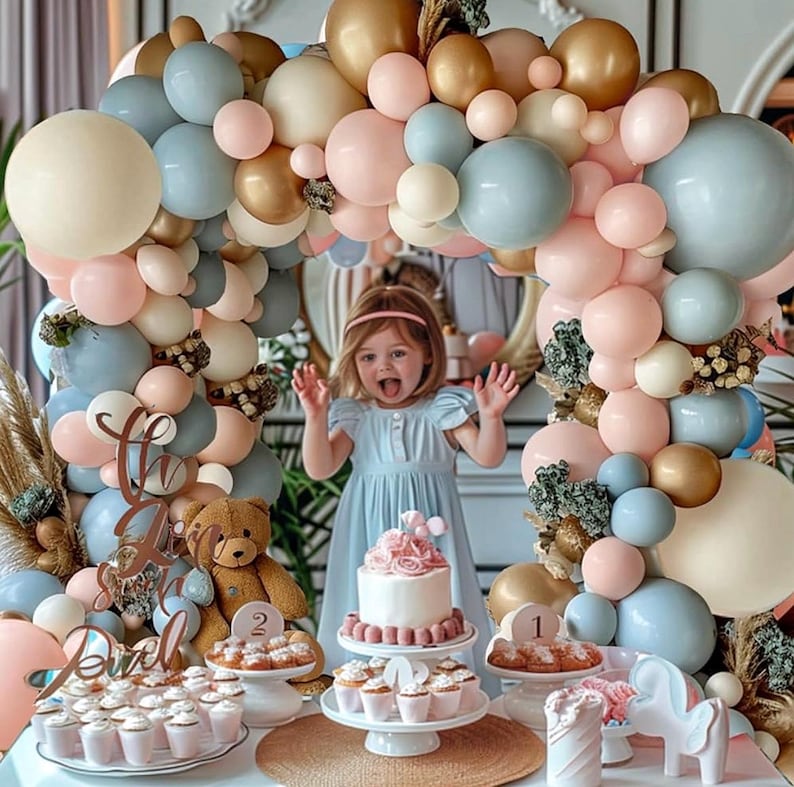 Gender Reveal Balloon Arch Kit, 144PCS Dusty Pink and Blue Balloons Chrome Gold Sand White Balloons for Gender Reveal Boho Birthday Party
