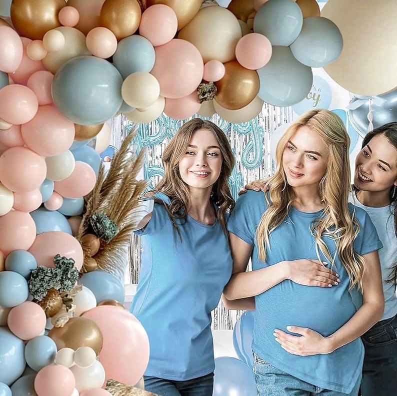 Gender Reveal Balloon Arch Kit, 144PCS Dusty Pink and Blue Balloons Chrome Gold Sand White Balloons for Gender Reveal Boho Birthday Party