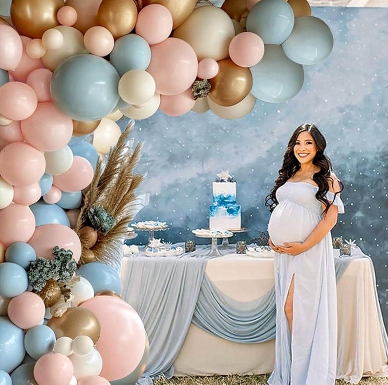 Gender Reveal Balloon Arch Kit, 144PCS Dusty Pink and Blue Balloons Chrome Gold Sand White Balloons for Gender Reveal Boho Birthday Party