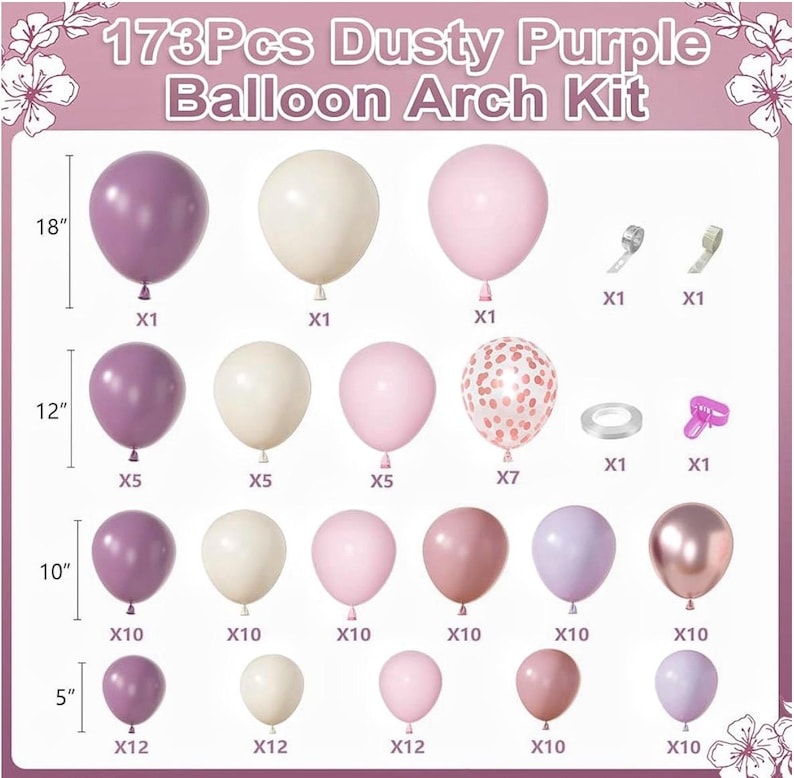 173Pcs Dusty Purple Balloon Arch Garland Kit, Double-stuffed Pink White Sand Lavender Lilac Light Purple Rose Gold Confetti Balloons