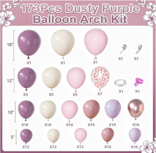 173Pcs Dusty Purple Balloon Arch Garland Kit, Double-stuffed Pink White Sand Lavender Lilac Light Purple Rose Gold Confetti Balloons