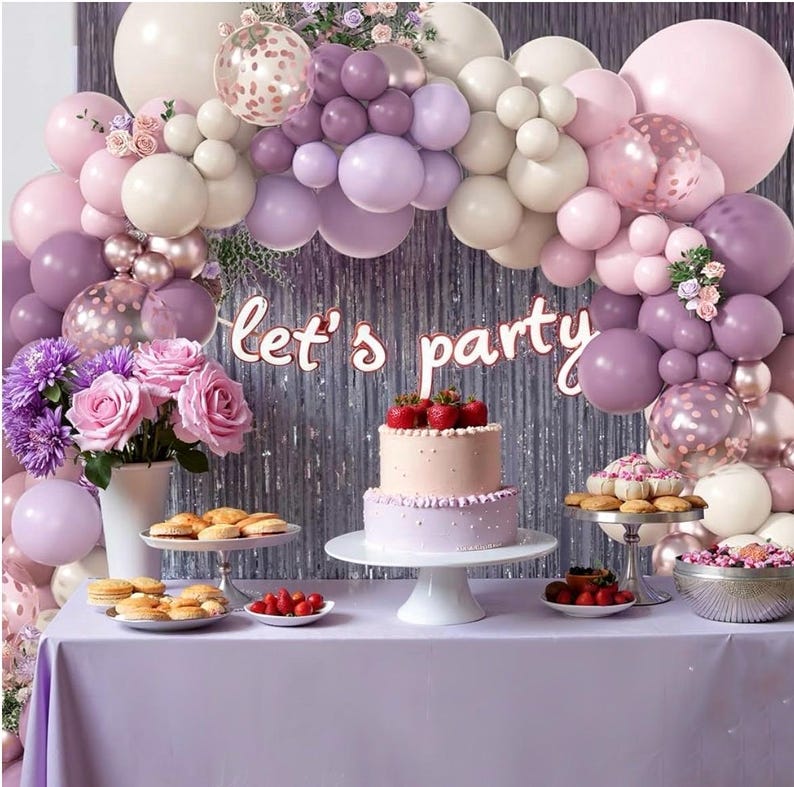 173Pcs Dusty Purple Balloon Arch Garland Kit, Double-stuffed Pink White Sand Lavender Lilac Light Purple Rose Gold Confetti Balloons