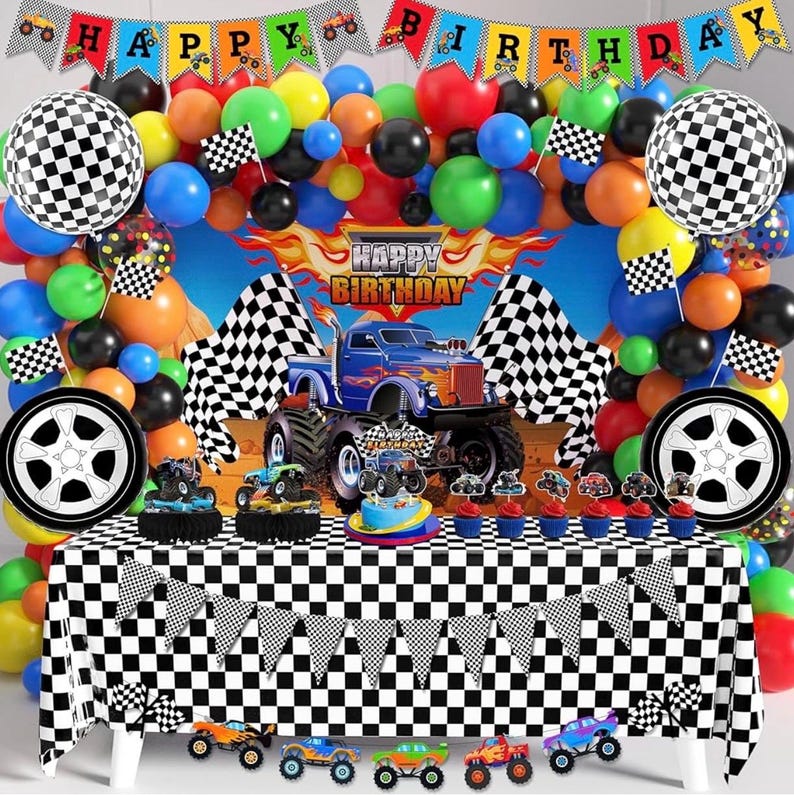 Truck Birthday Party Supplies Truck Theme Party Decorations, 99 Pcs(Backdrop Tablecloth Banner Triangle Bunting Cake Toppers Foil Balloons