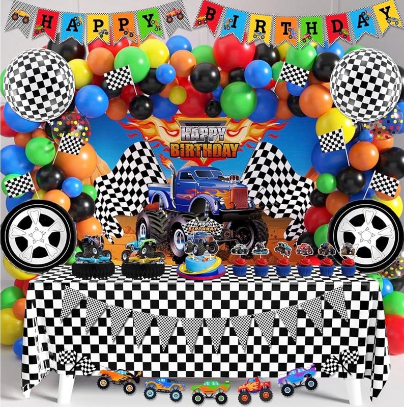 Truck Birthday Party Supplies Truck Theme Party Decorations, 99 Pcs(Backdrop Tablecloth Banner Triangle Bunting Cake Toppers Foil Balloons